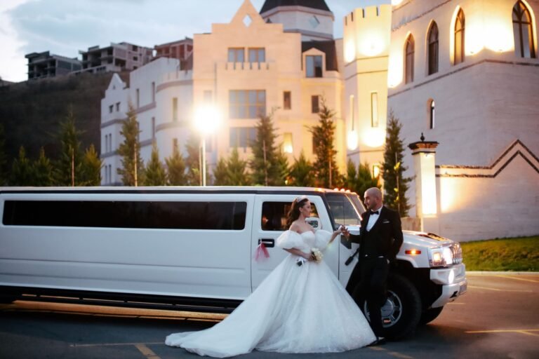 Couple beside a limousine at night
