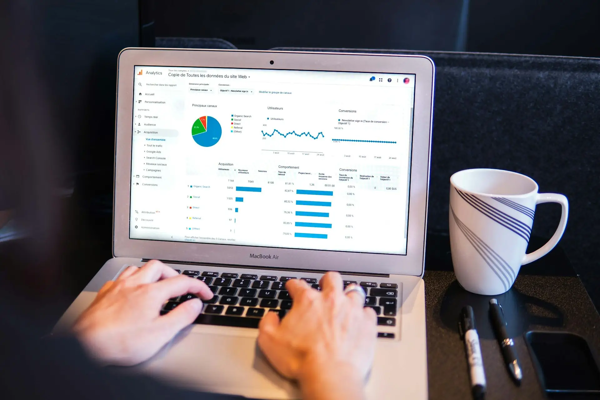 Person working on a laptop showing marketing reports