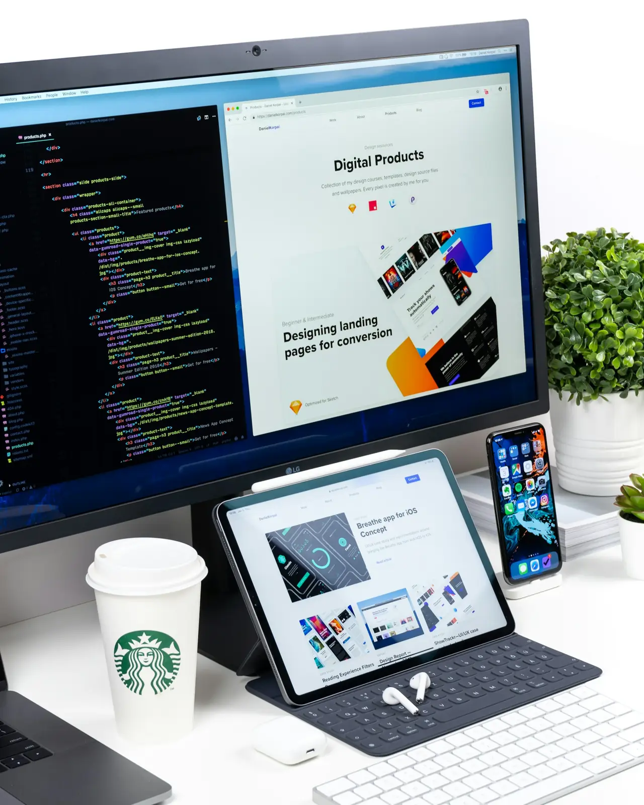 Desktop monitor and tablet displaying website designs